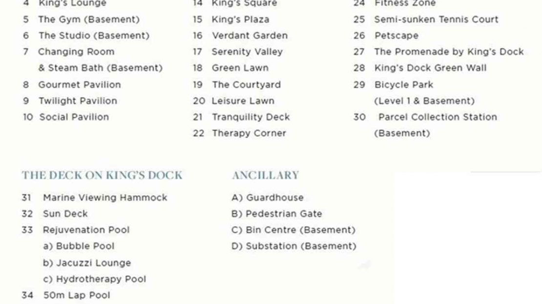 The Reef - Facilities legend